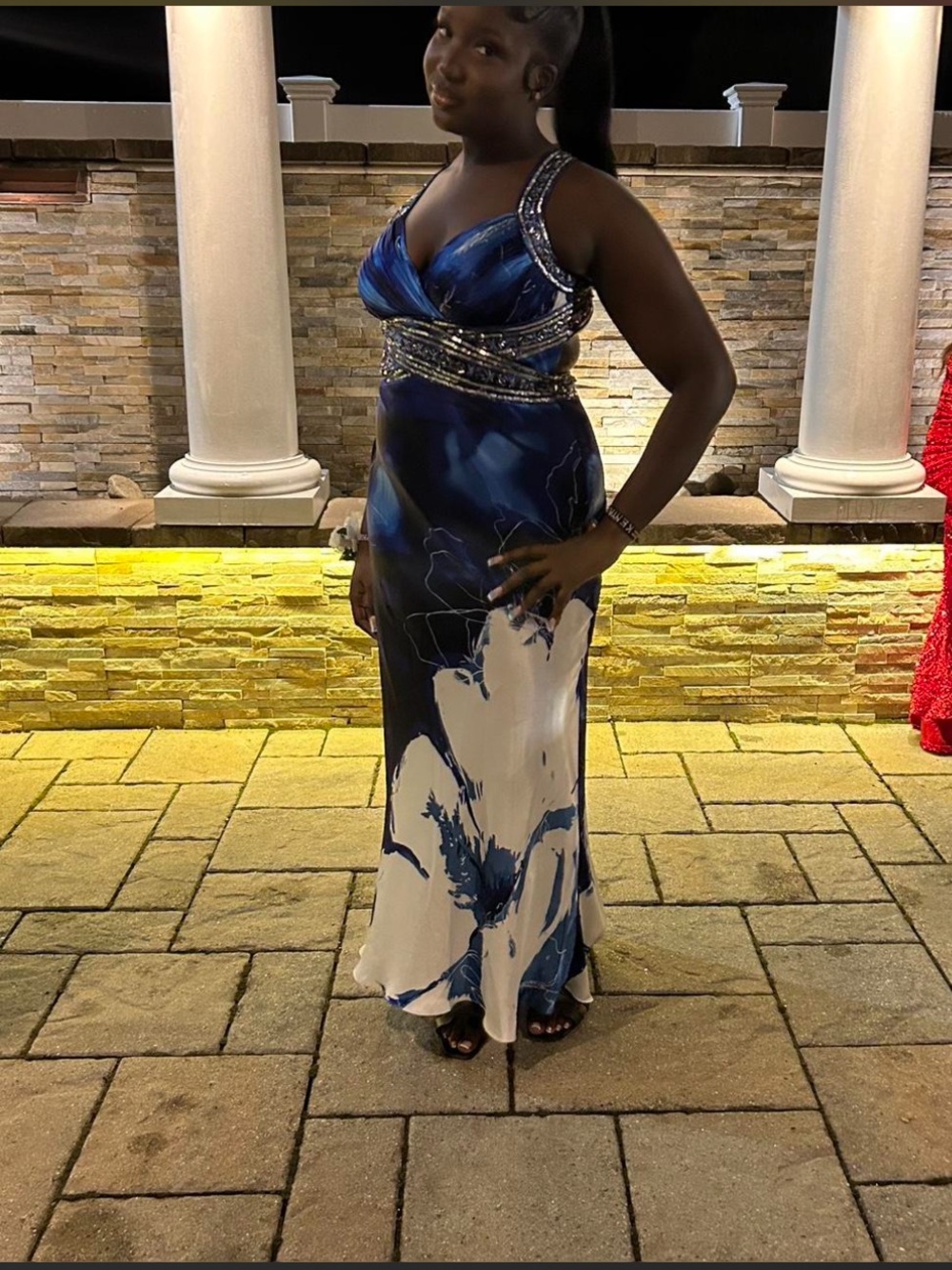 Navy & White Beaded Evening Gown
